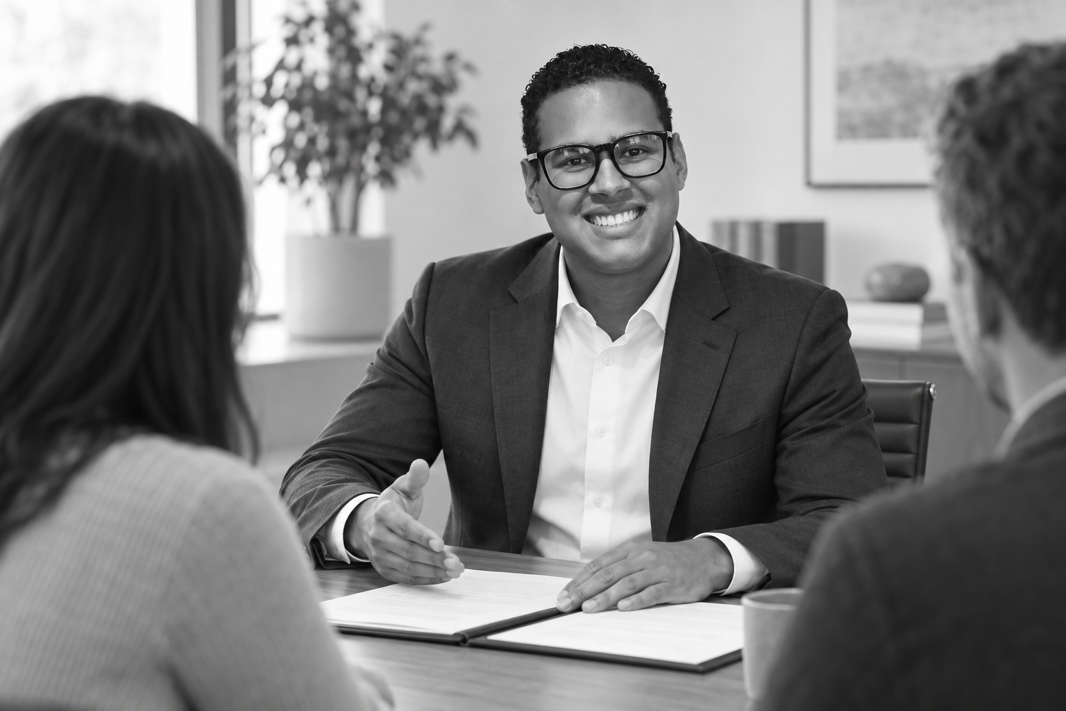 William in a staged consultation with two fictional clients, AI-generated demonstration image