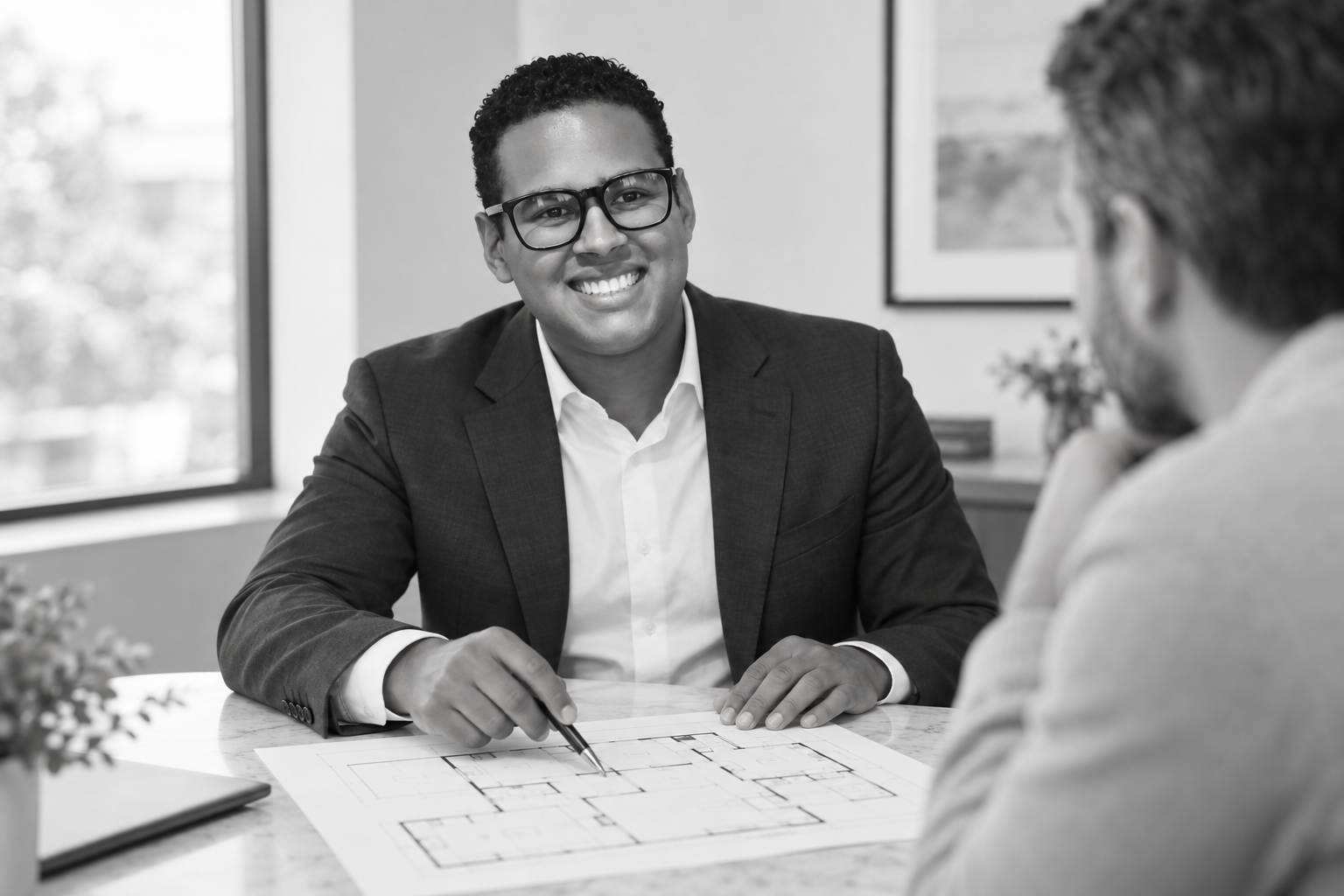 William présentant un plan immobilier à un client fictif, visuel de démonstration généré par IA
